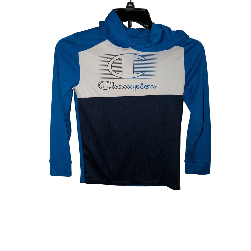 Champion Boys Blue White Colorblock Hoodie Lightweight Active Pullover 10/12 L
